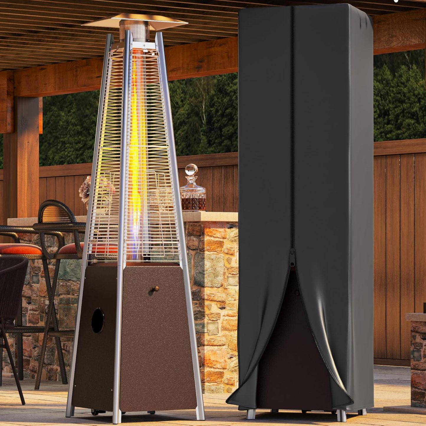 Pyramid Patio Heater, 48,000 BTU Outdoor Patio Heater, Quartz Glass Tube Propane Heater with Cover and Wheels for Patio