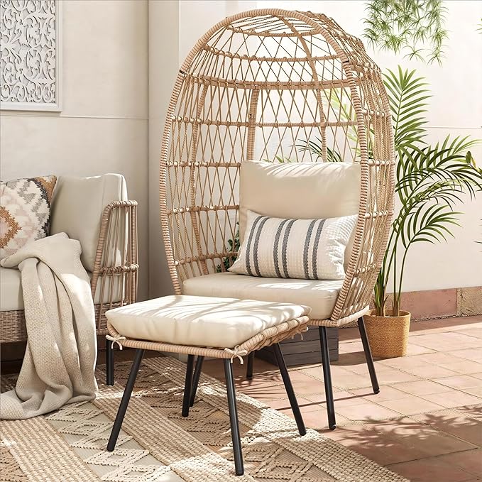Outdoor Egg Chair with Ottoman for Outdoor Indoor, Wicker Egg Chair with Cushion