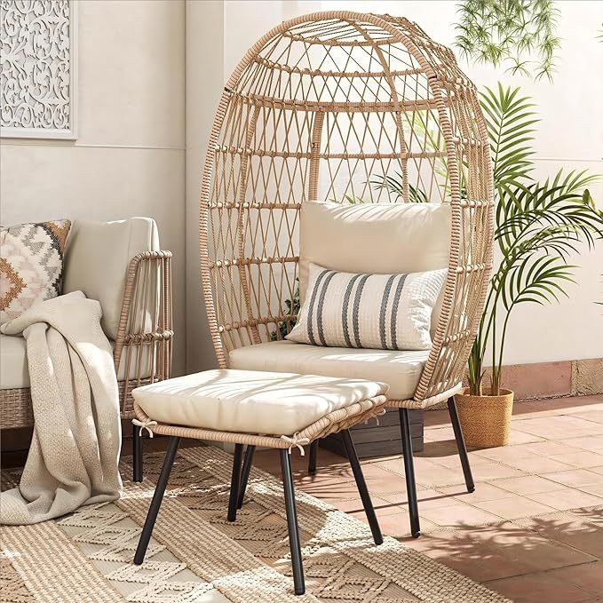 Outdoor Egg Chair with Ottoman for Outdoor Indoor, Wicker Egg Chair with Cushion