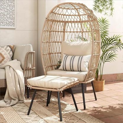 Outdoor Egg Chair with Ottoman for Outdoor Indoor, Wicker Egg Chair with Cushion