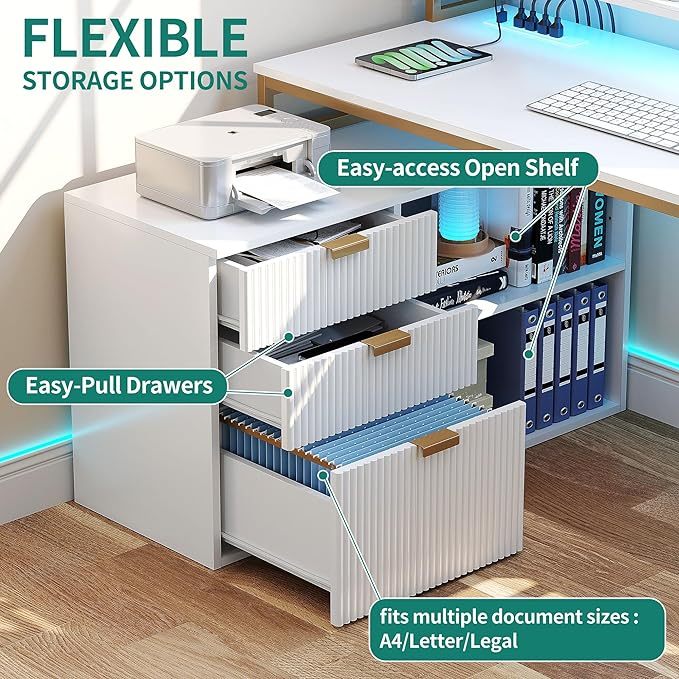 L Shaped Desk with File Cabinet & Power Outlets, 55" Computer Desk with Drawers