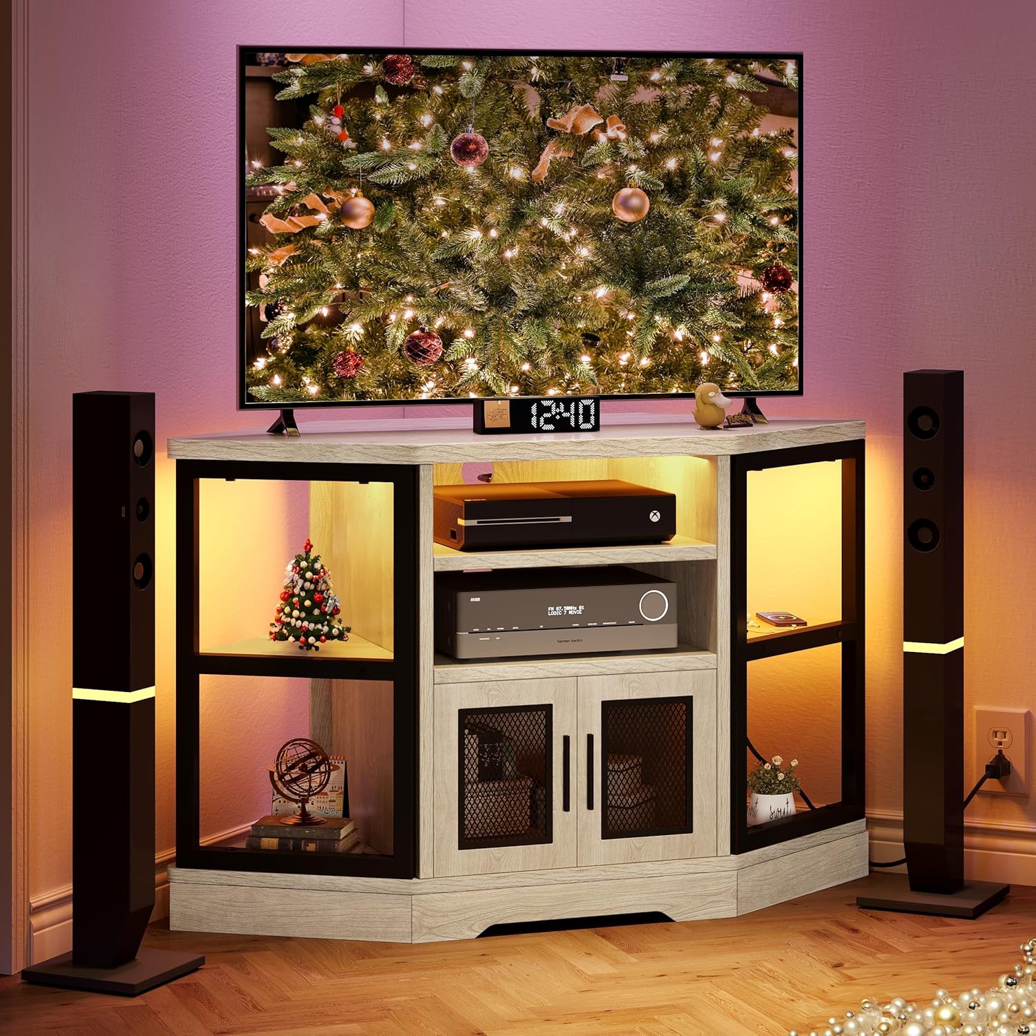RGB LED Corner TV Stand for TVs up to 55/50 Inch with Power Outlet, Modern Farmhouse Entertainment Center