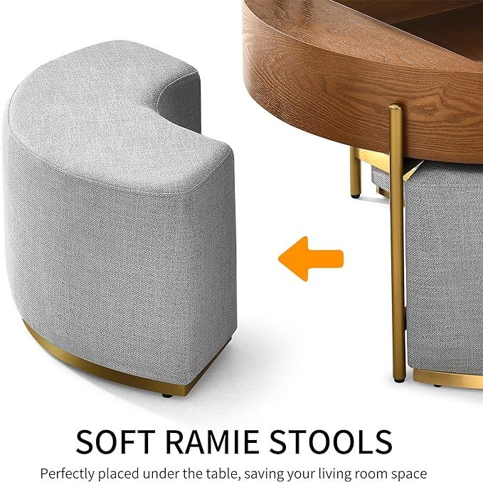 32" L Round Marbling Pattern Slate Coffee Table with Storage 3 Stools