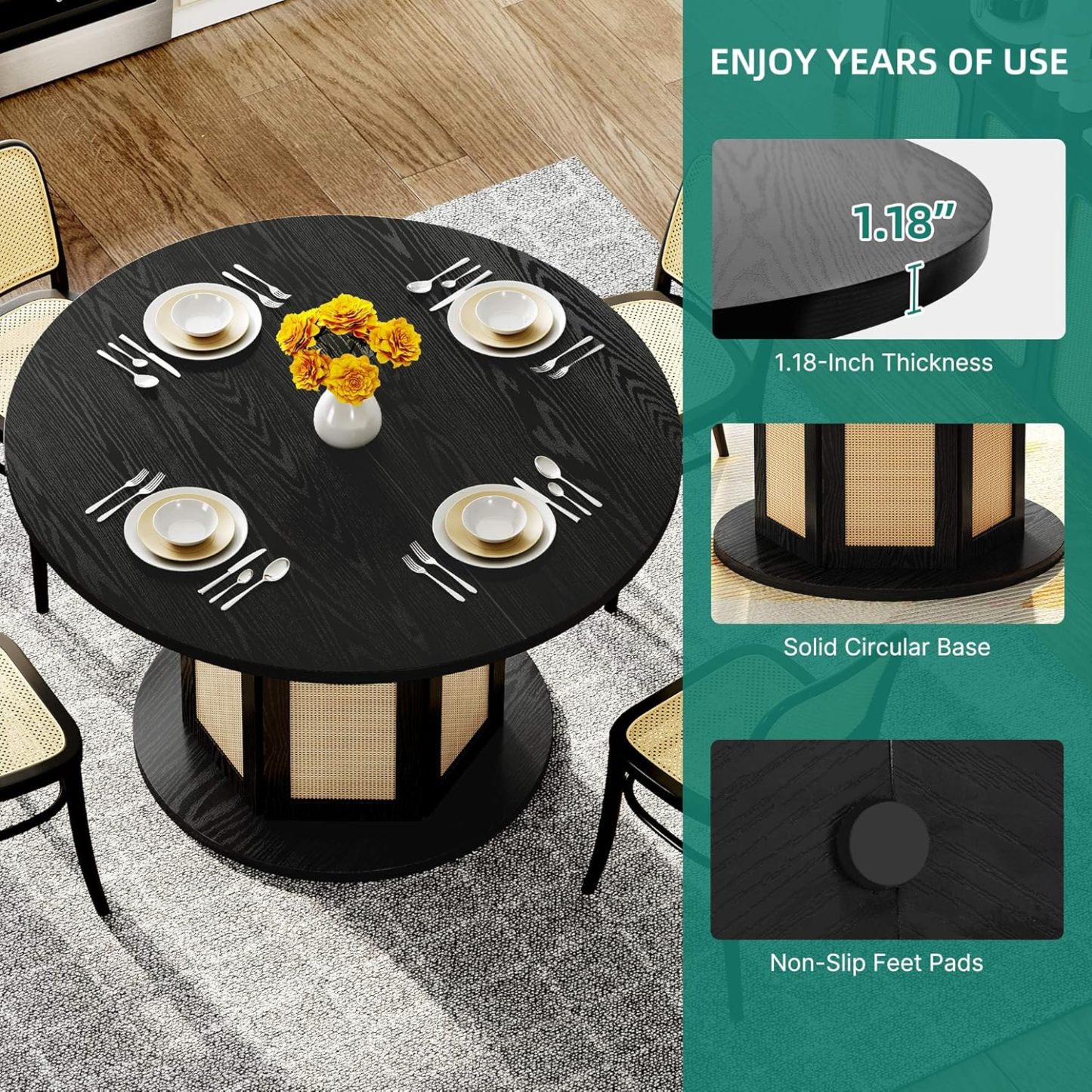 Round Dining Table for 4-6 People 47 Inch Circle Dining Table with Wooden Rattan Base Modern Farmhouse Kitchen