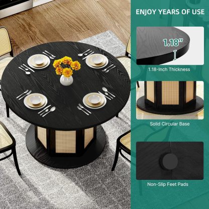 Round Dining Table for 4-6 People 47 Inch Circle Dining Table with Wooden Rattan Base Modern Farmhouse Kitchen