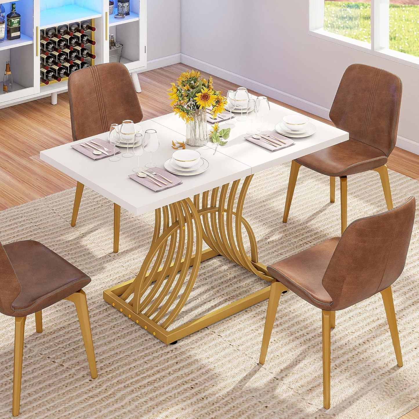 Dining Room Table 47 Inch Rectangle Dining Table for 4 Modern Kitchen Table White Dinner Table with Gold Leg for Home