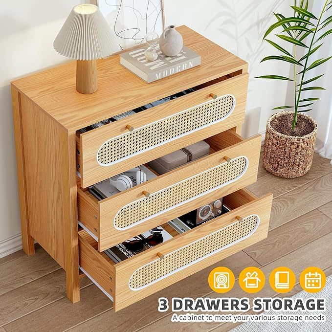 Natural Rattan Wood Drawer Dresser Set of 2 with Spacious Storage