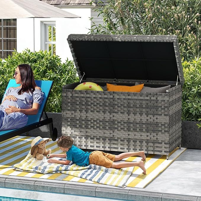 230 Gallon Outdoor Storage Box, Weatherproof Wicker Deck Box