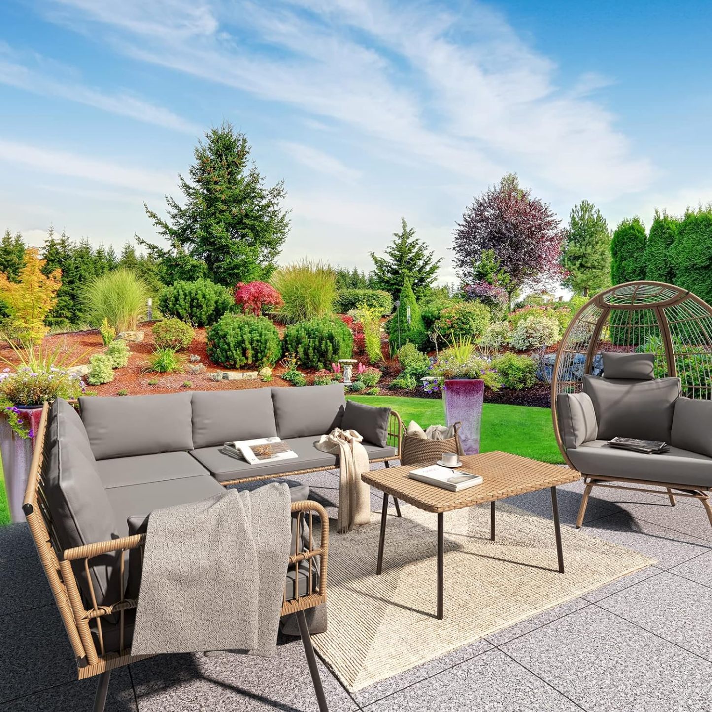 4 Pieces Patio Furniture Set, Outdoor Wicker Conversation Sectional L-Shaped Sofa with 5 Seater