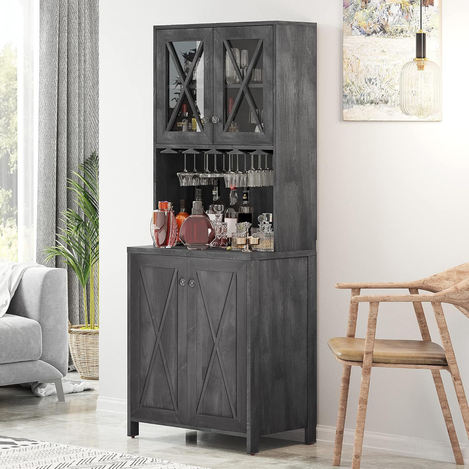 Kitchen Pantry Cabinet Storage with Microwave Stand, 67'' Tall Pantry Buffet Cabinet w/Acrylic Glass Doors and Glass Holder, Freestanding Hutch Cupboard