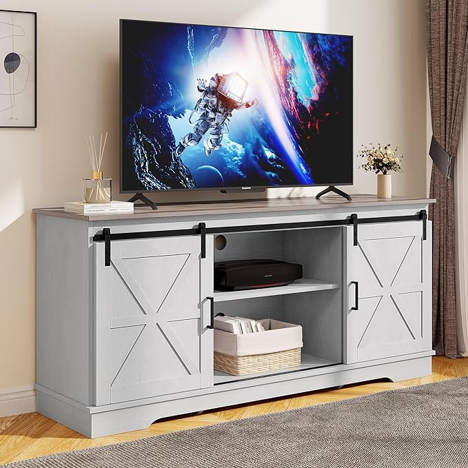 TV Cabinet for 65 Inch TV, Farmhouse TV Stand with Storage Cabinets and Sliding Barn Doors