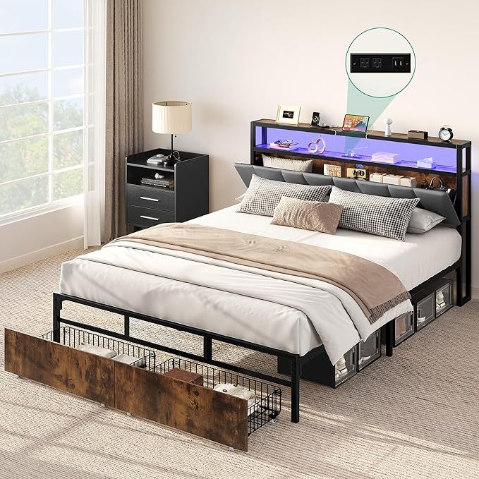 Storage Bed Frame Queen Size, LED Bed Frame with Storage Headboard & Charging Station