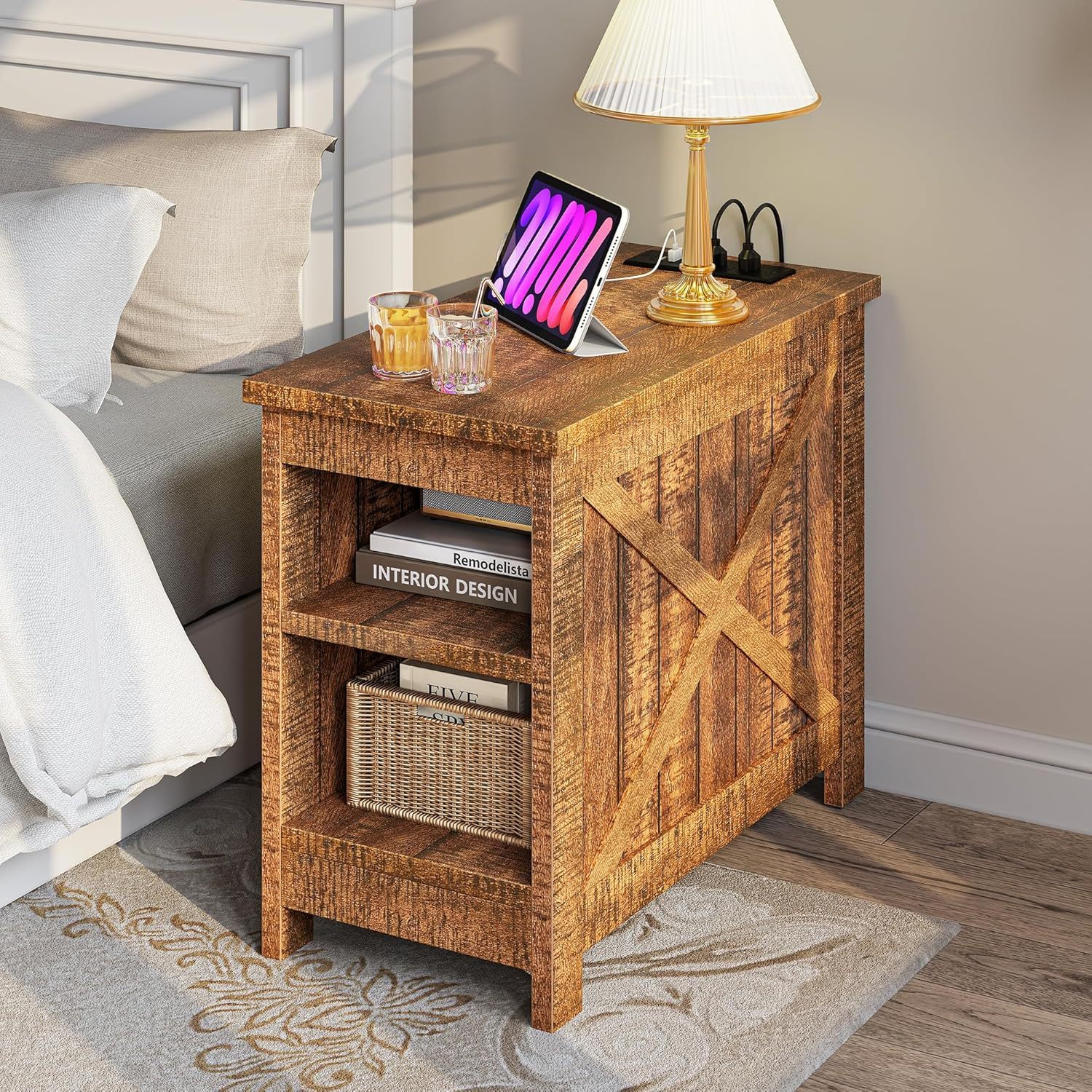 End Table with Charging Station, Farmhouse Narrow Side Table with Storage Shelf