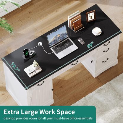 Executive Desk with Drawers, 59" Farmhouse Computer Desk with Power Outlets, Wood Office Desk with Storage Cabinet