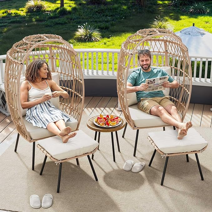 Outdoor Egg Chair with Ottoman for Outdoor Indoor, Wicker Egg Chair with Cushion