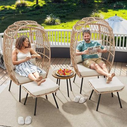 Outdoor Egg Chair with Ottoman for Outdoor Indoor, Wicker Egg Chair with Cushion