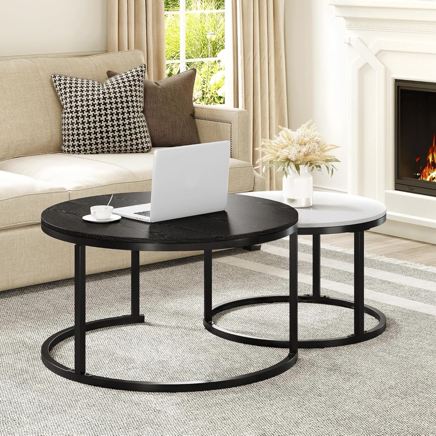 Round Coffee Table Set of 2 End Table for Living Room, Modern Nesting Side Tables Wood Coffee Tables