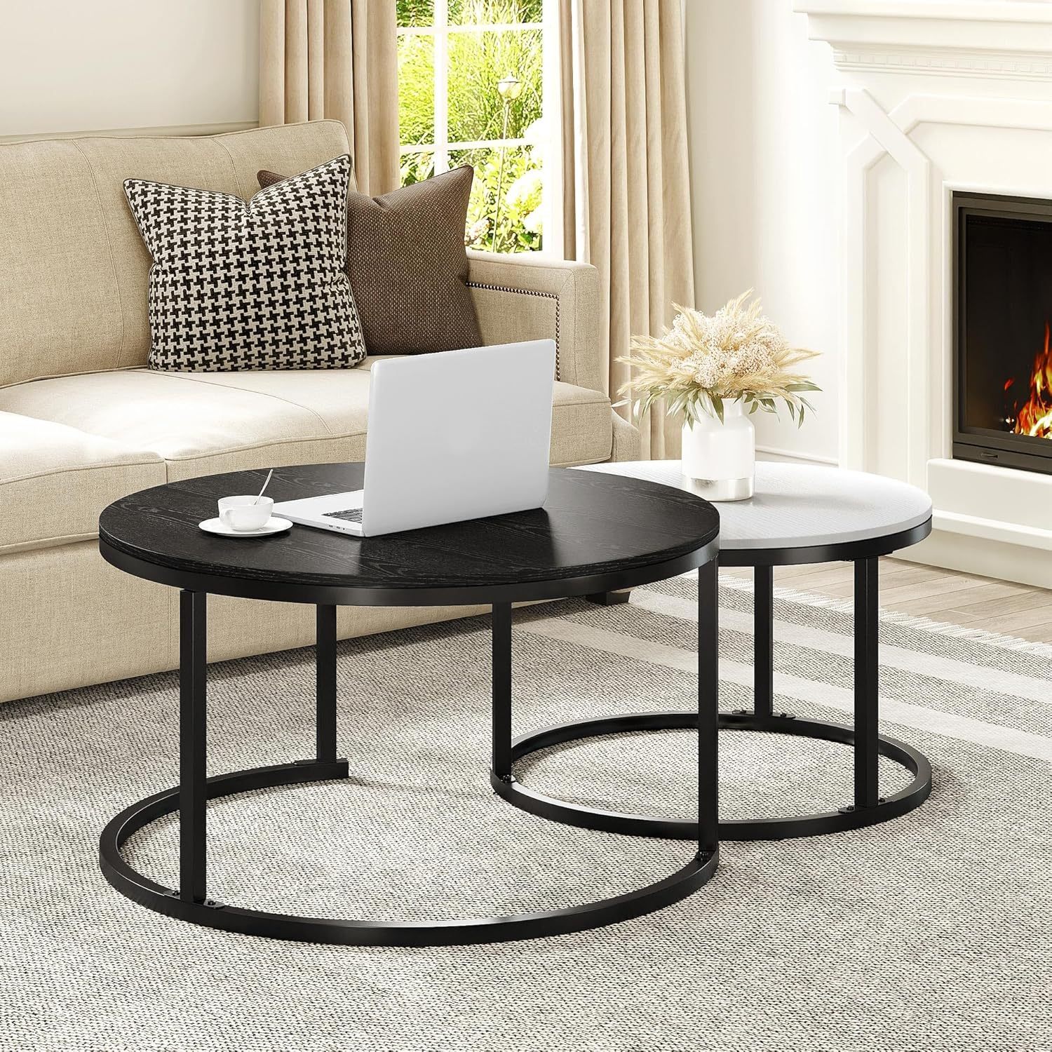 Round Coffee Table Set of 2 End Table for Living Room, Modern Nesting Side Tables Wood Coffee Tables
