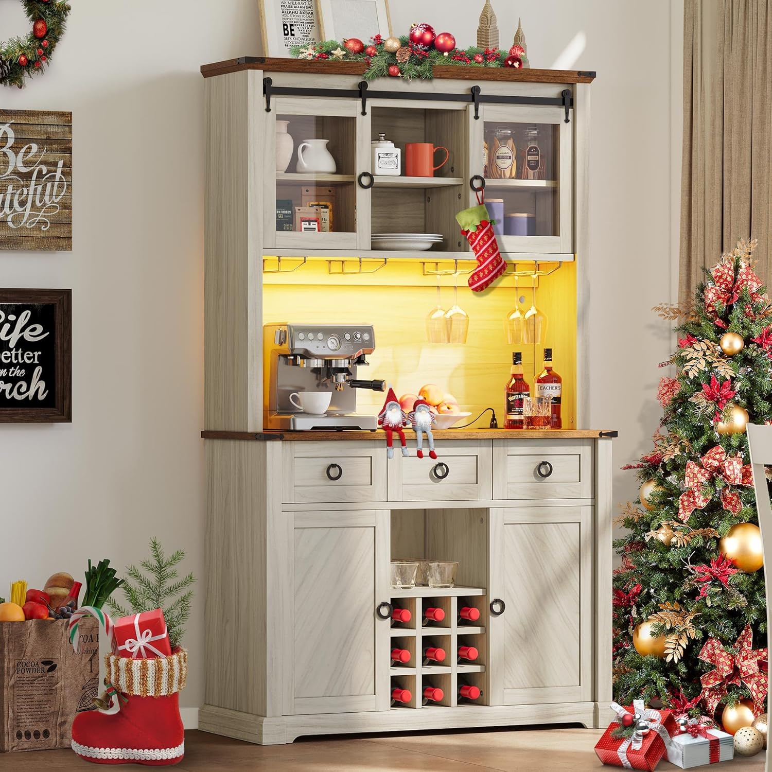 72" Farmhouse Bar Cabinet with Bottle Rack and Wine Glass Holder, Large Kitchen Buffet with Shelves, Wine Cabinet with 3 Drawers,Coffee Bar Sideboard with LED Lights