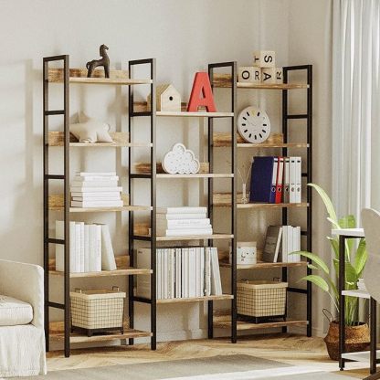 Bookcases and Bookshelves Triple Wide 5 Tiers Industrial Bookshelf with Baffles Large Etagere Bookshelf with Metal Frame for Living Room Home Office