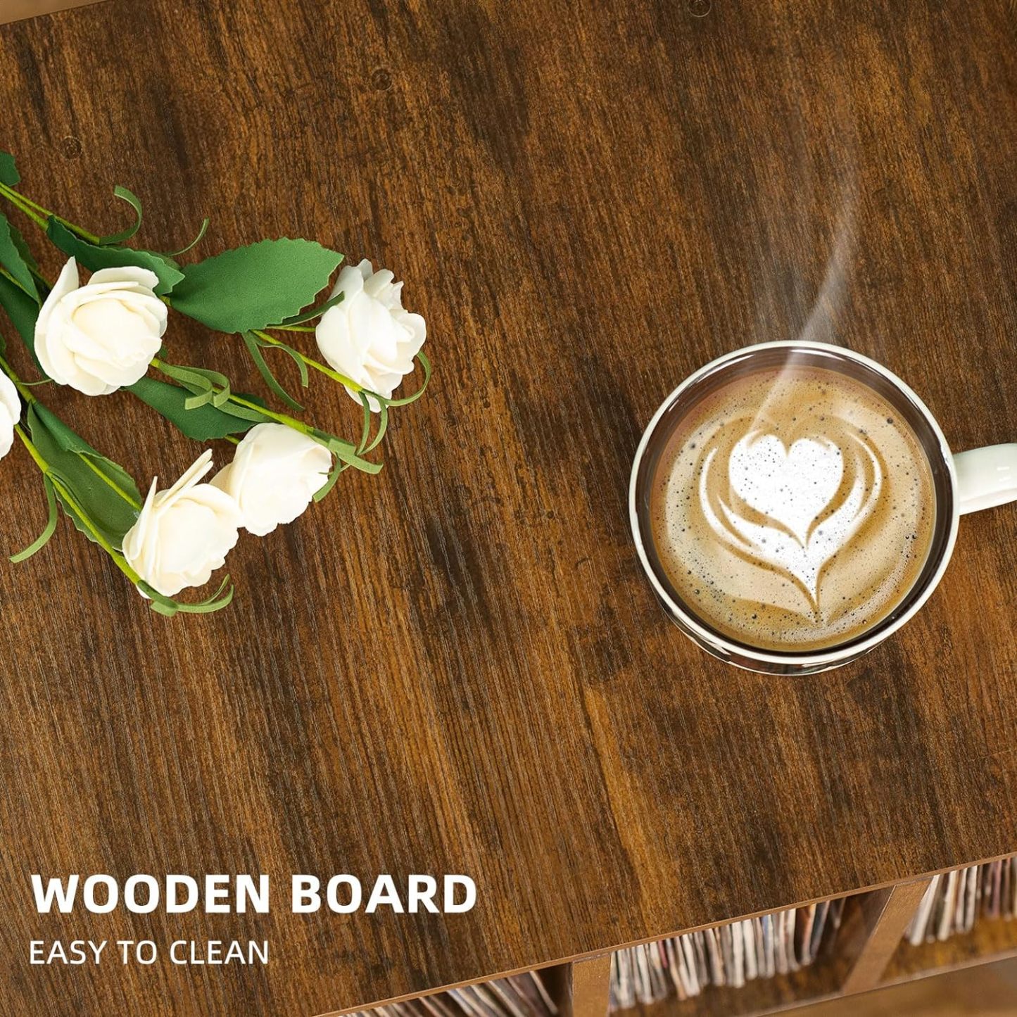 Record Player Stand with Storage Holds Up to 100 Albums, Turntable Stand with Beech Wood Legs, Mid-Century Record Player Table, Brown Vinyl Holder Display Shelf for Bedroom Living Room