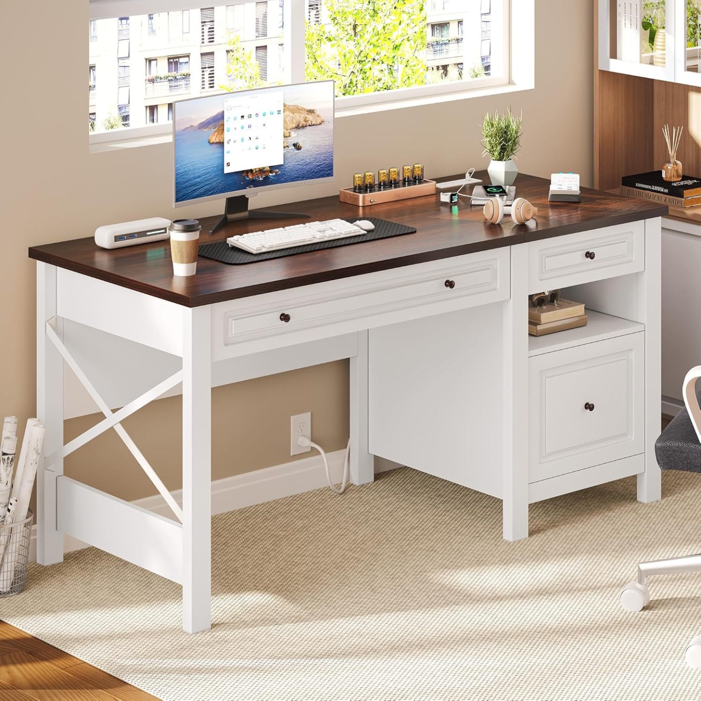 Computer Desk with Drawers, Farmhouse Desk with Lift Top, Office Desk with Power Outlets