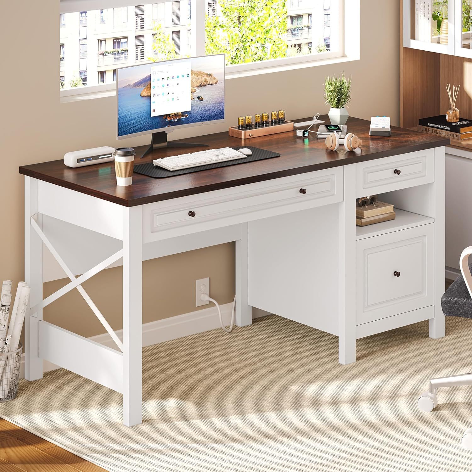 Computer Desk with Drawers, Farmhouse Desk with Lift Top, Office Desk with Power Outlets