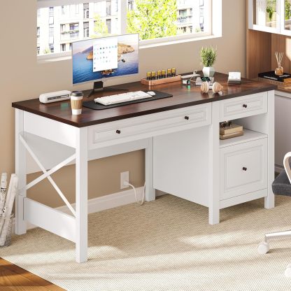 Computer Desk with Drawers, Farmhouse Desk with Lift Top, Office Desk with Power Outlets