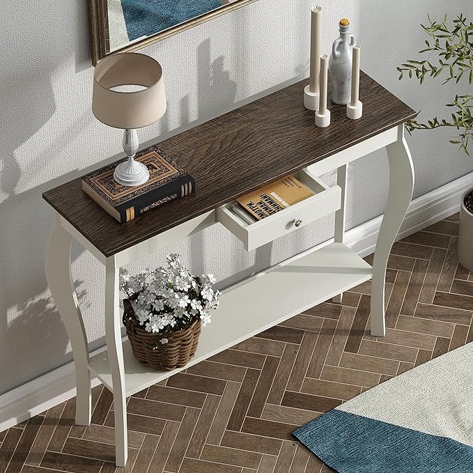 Narrow Farmhouse Console Table with Drawer, Chic Accent Sofa Entryway Table with Shelves for Entryway, Living Room, Hallway, Antique White & Brown