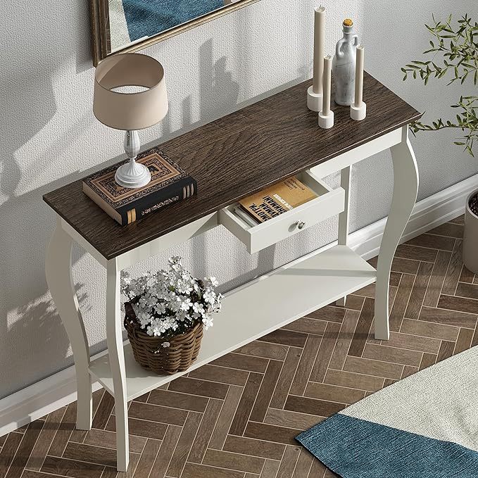 Narrow Farmhouse Console Table with Drawer, Chic Accent Sofa Entryway Table with Shelves for Entryway, Living Room, Hallway, Antique White & Brown