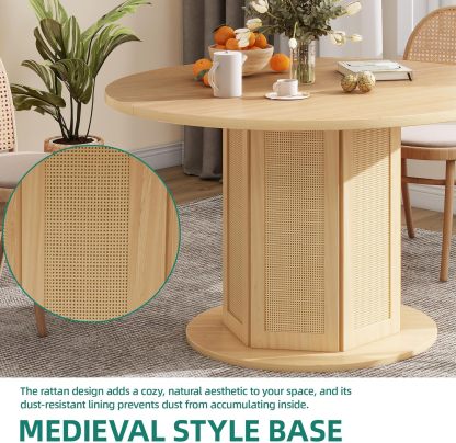 Round Dining Table for 4-6 People Circle Dining Table with Wooden Rattan Base Modern Farmhouse Kitchen Table