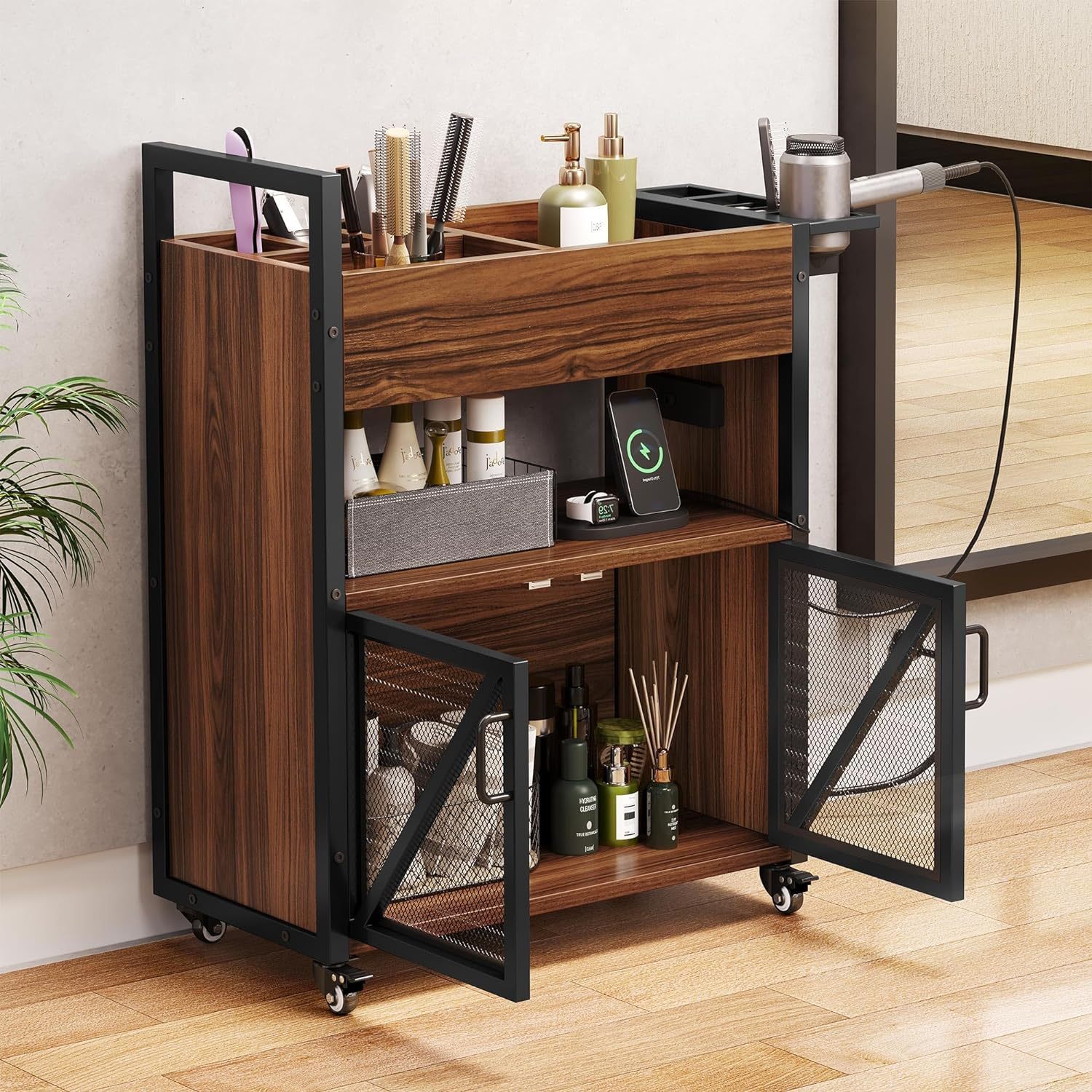 Salon Trolley Cart with Wheels - Salon Stations for Hair Stylist w/Charging Station and USB Ports