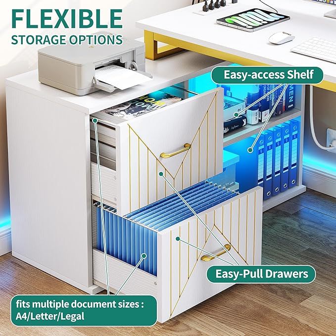 Gold L Shaped Desk with Drawers, 55" Reversible Computer Desk with Power Outlets & LED Lights