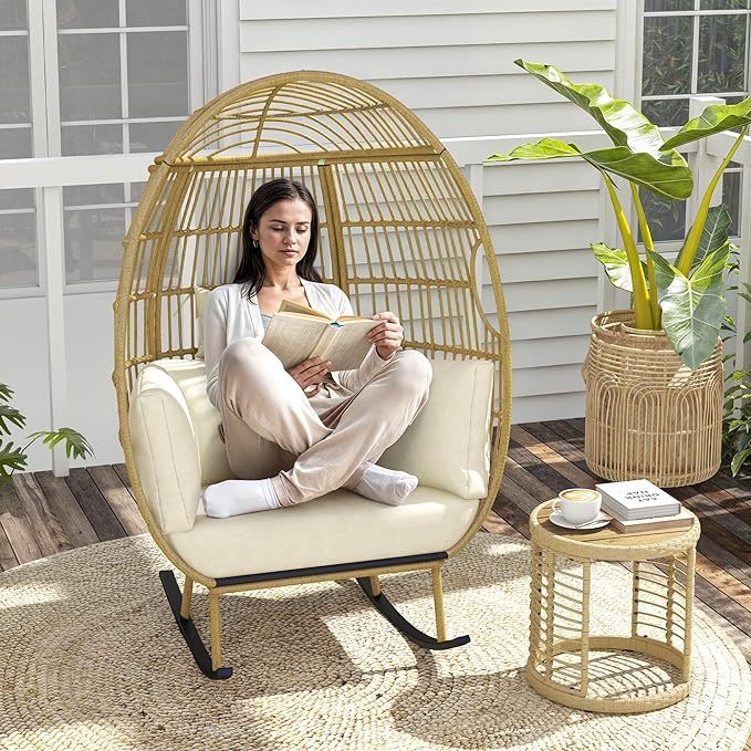 Outdoor Rocking Egg Chair, Patio Rocking Chair Oversized, 370lb Capacity, Anti-Slip