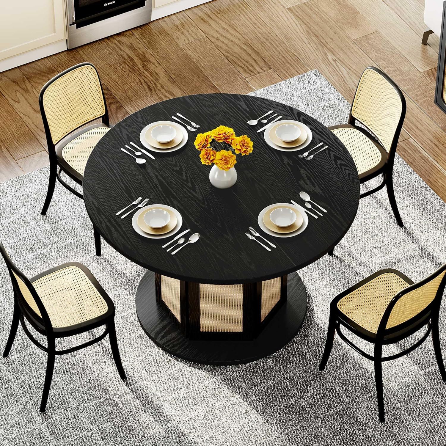 Round Dining Table for 4-6 People 47 Inch Circle Dining Table with Wooden Rattan Base Modern Farmhouse Kitchen