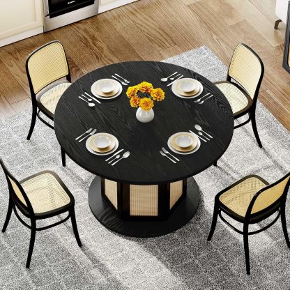 Round Dining Table for 4-6 People 47 Inch Circle Dining Table with Wooden Rattan Base Modern Farmhouse Kitchen