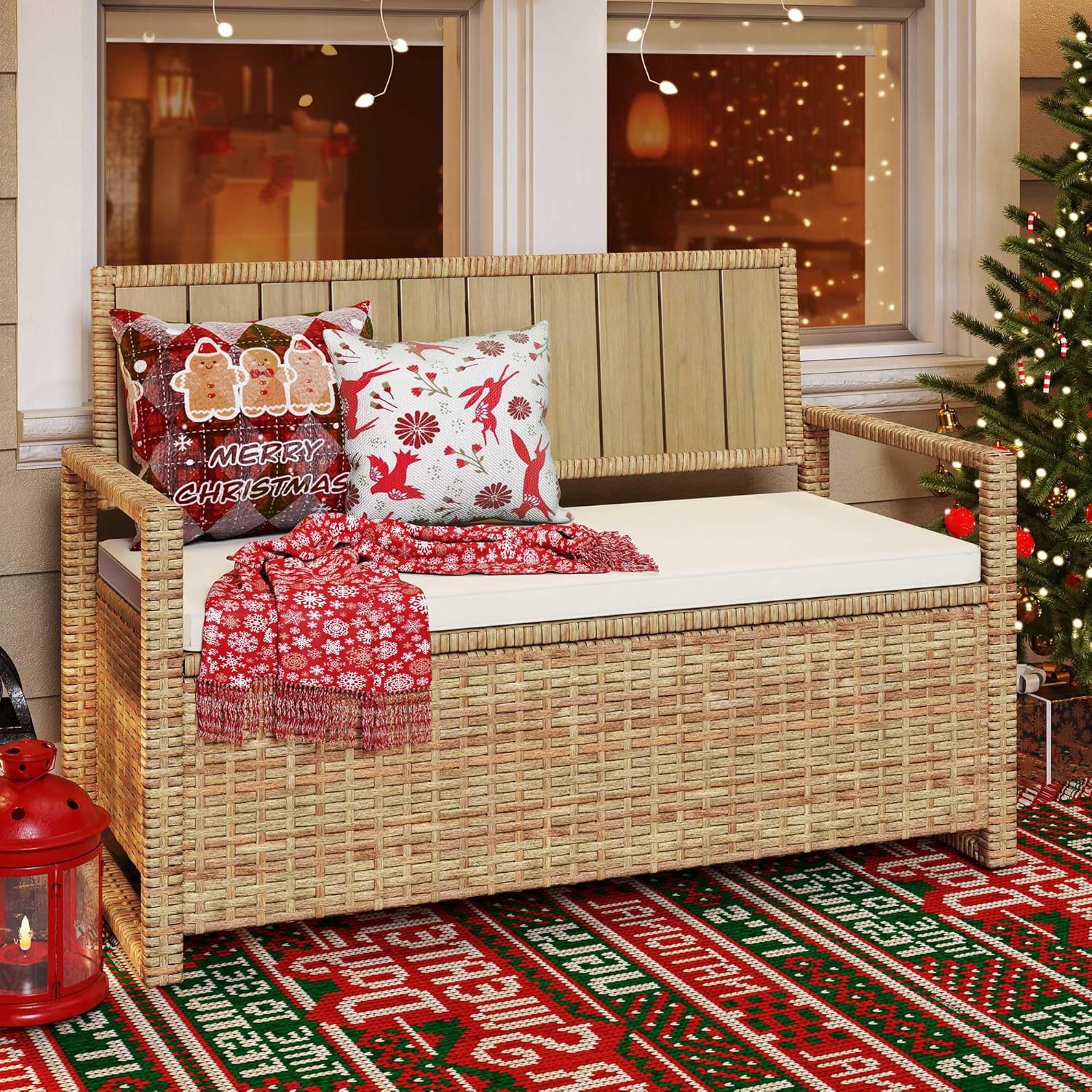 70 Gallon Outdoor Storage Bench, All-Weather PE Rattan Deck Box, Wicker Storage Seat Box