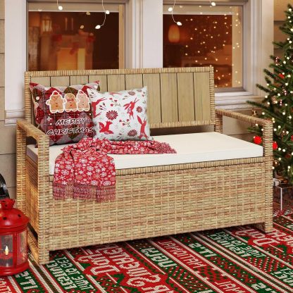 70 Gallon Outdoor Storage Bench, All-Weather PE Rattan Deck Box, Wicker Storage Seat Box