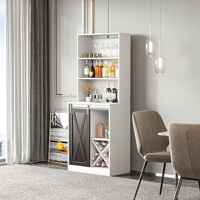 Bar Cabinet with Sliding Barn Door, 68'' Tall Freestanding Kitchen Cabinet