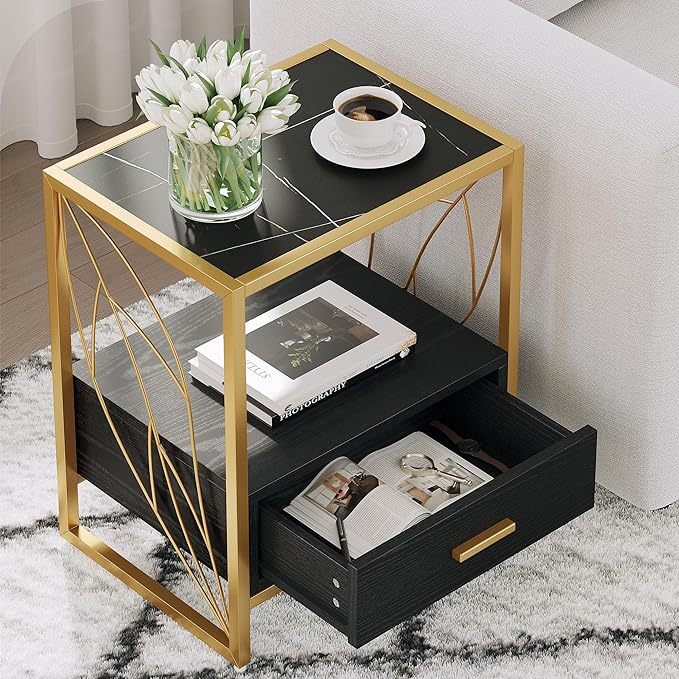 Black End Table, 20" Modern Side Table with 2 Shelf and Drawer