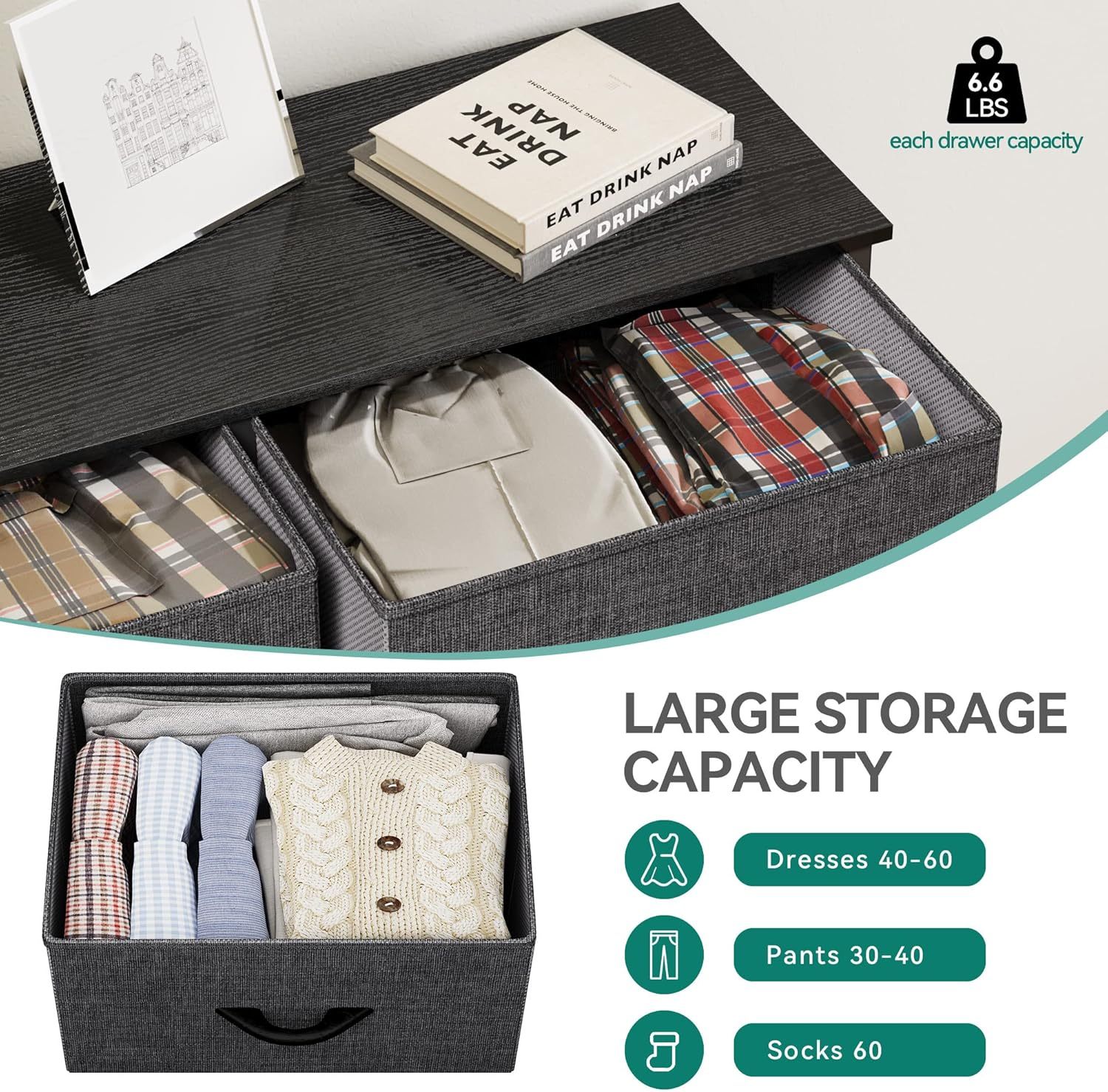 Dresser for Bedroom with 5 Drawers, Wide Bedroom Fabric Dresser with Storage Bins