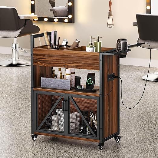 Salon Trolley Cart with Wheels - Salon Stations for Hair Stylist w/Charging Station and USB Ports