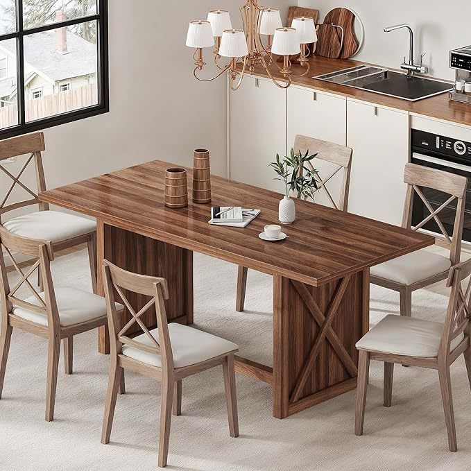 70.8" Large Dining Table for 6 to 8 People, Farmhouse Rustic Wood Dinner Table