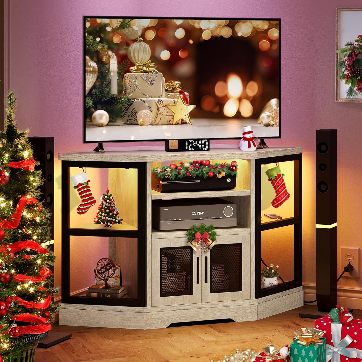 RGB LED Corner TV Stand for TVs up to 55/50 Inch with Power Outlet, Modern Farmhouse Entertainment Center
