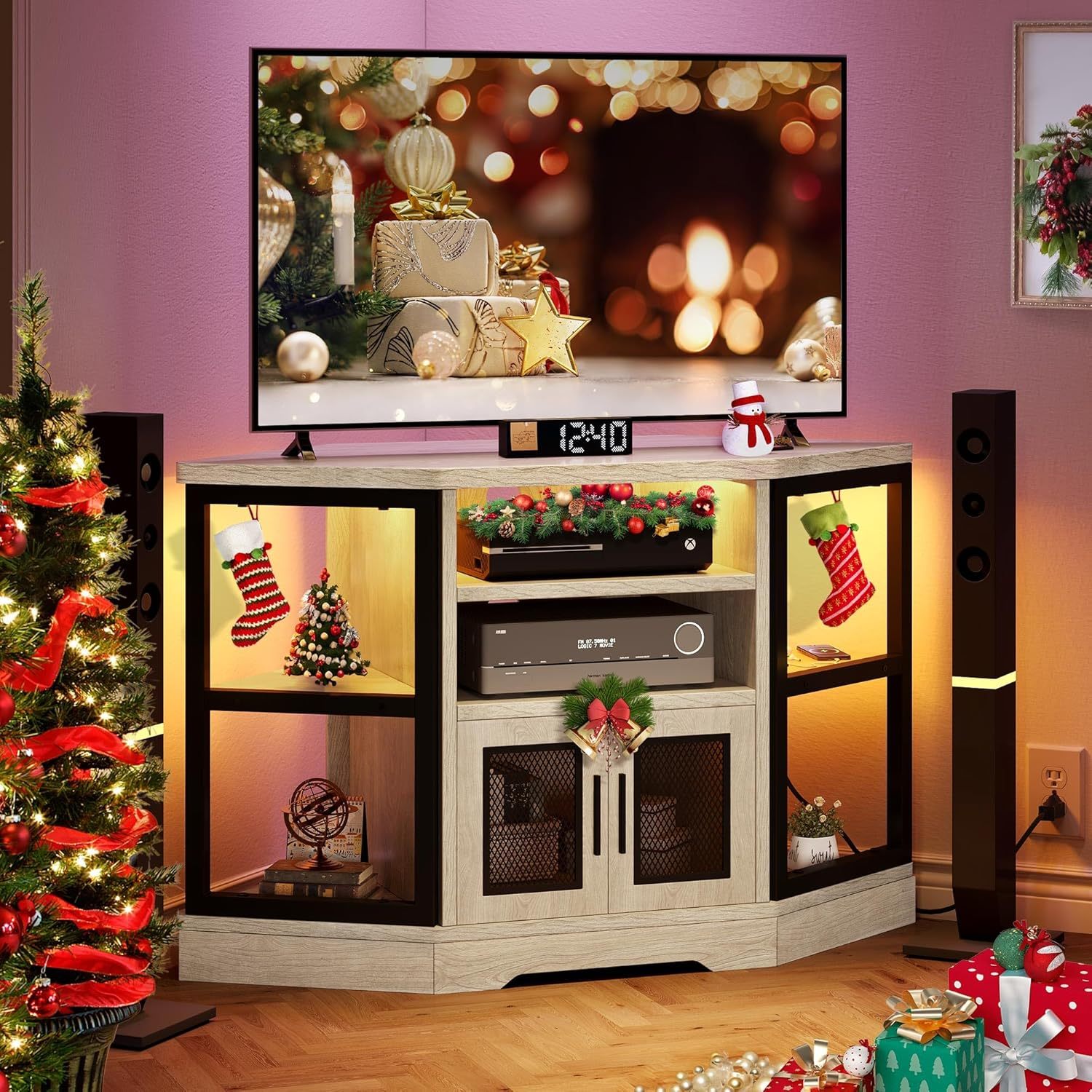 RGB LED Corner TV Stand for TVs up to 55/50 Inch with Power Outlet, Modern Farmhouse Entertainment Center
