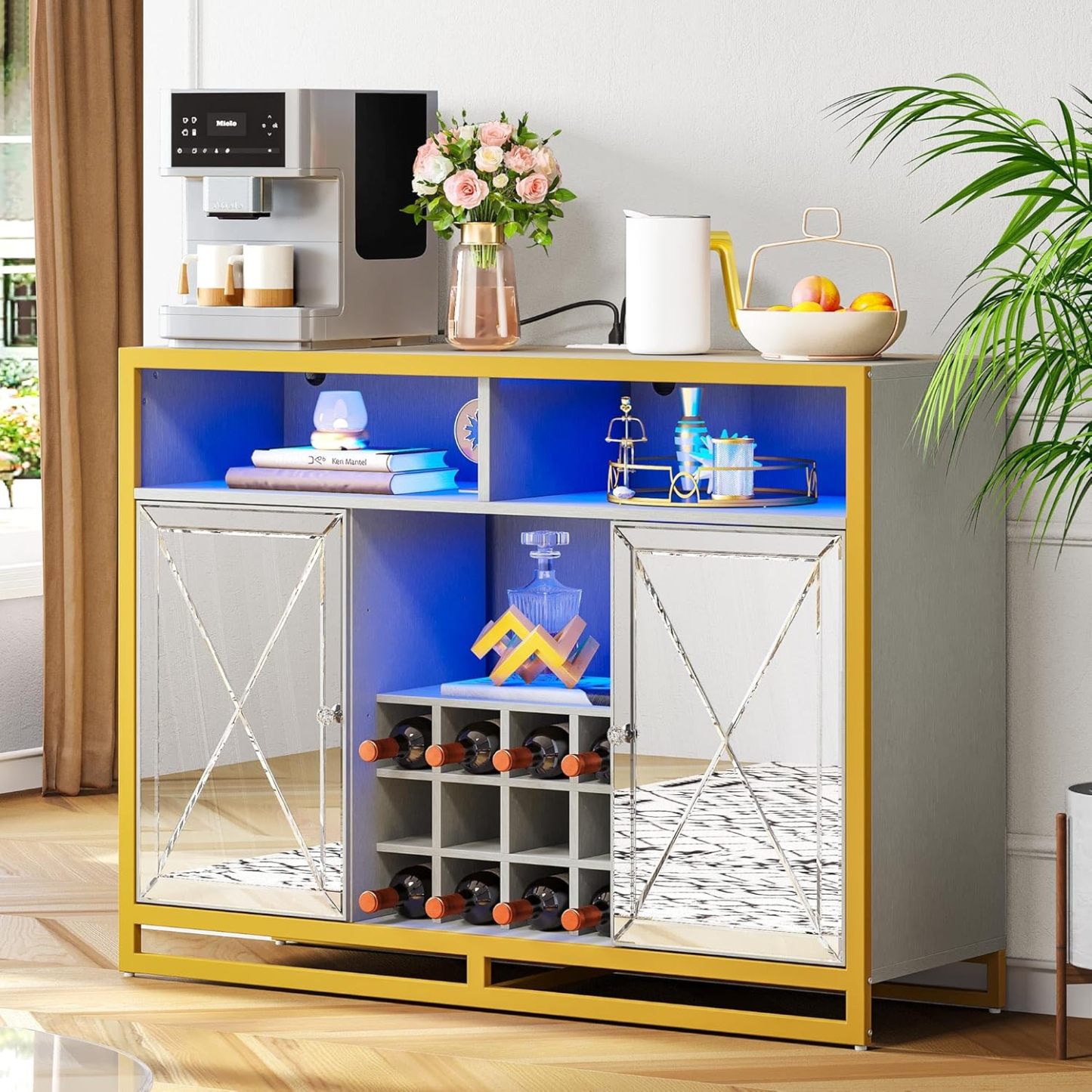 Bar Cabinet with Power Outlets, Coffee Bar Cabinet w/Led Lights and Removable Wine Rack, Storage Buffet Cabinet for Liquor