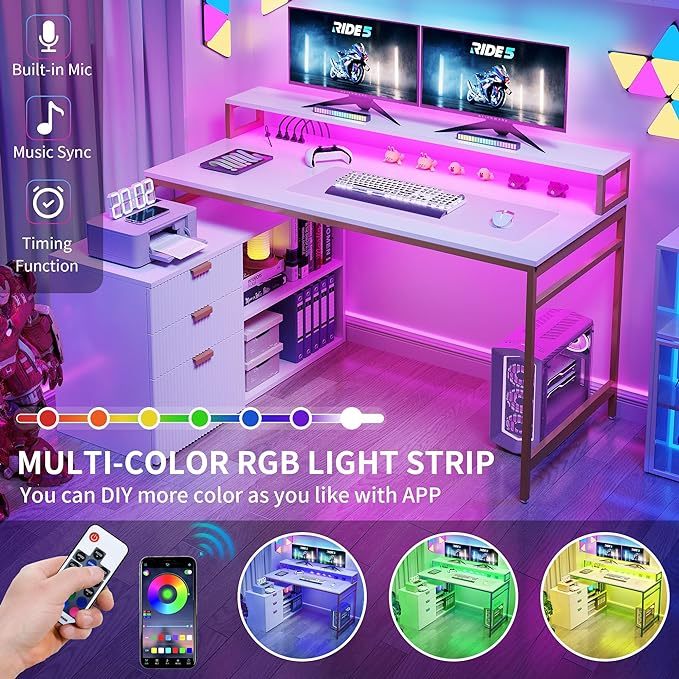 L Shaped Desk with File Cabinet & Power Outlets, 55" Computer Desk with Drawers