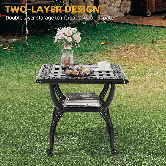 Outdoor Cast Aluminum Square Side Table, Patio End Table Bistro Coffee Table
