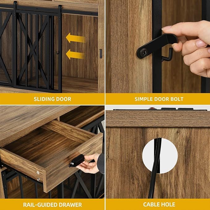 63 Inch Double Dog Crate Furniture for 2 Dogs, Heavy Duty Wooden Dog Crate TV Stand with Charging Station