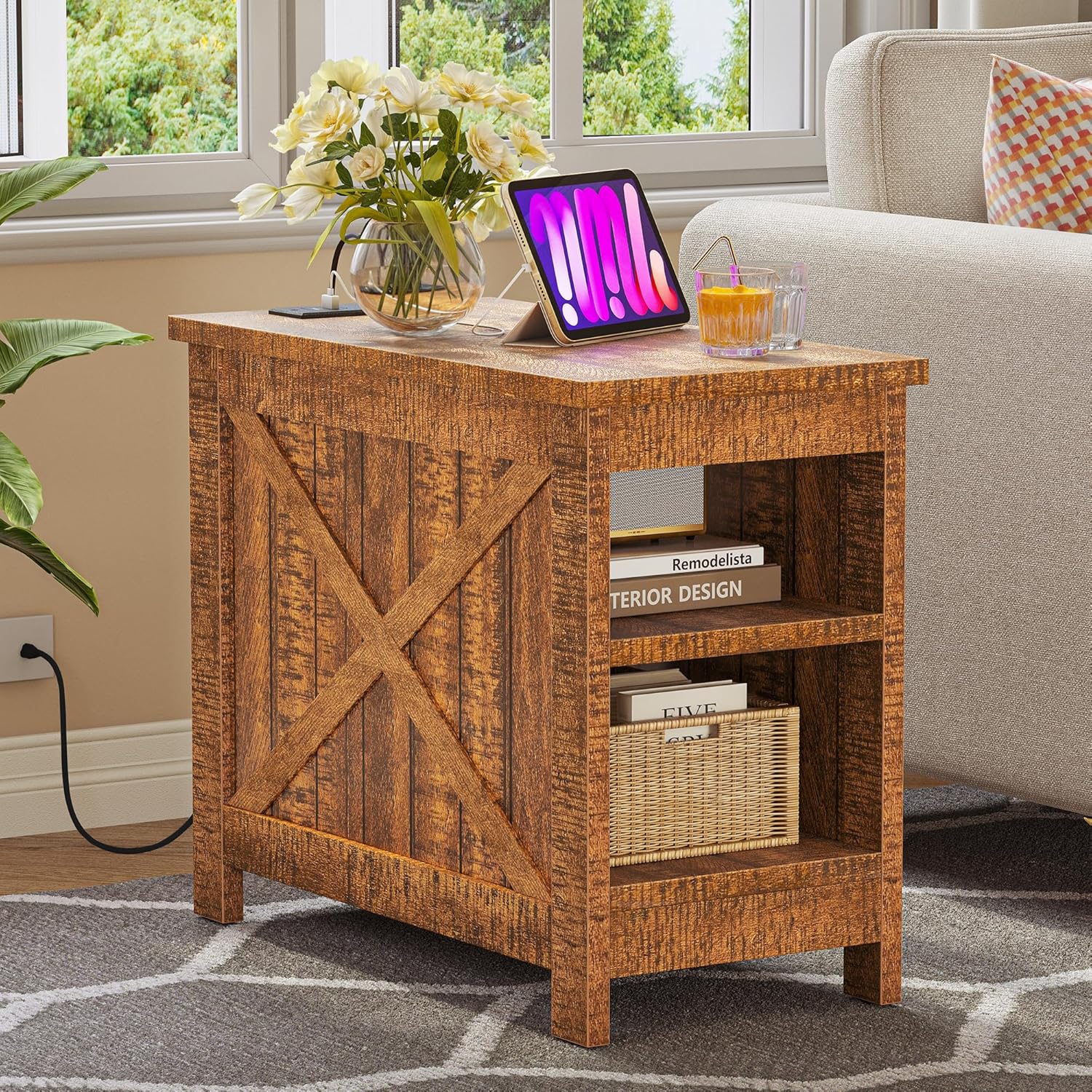 End Table with Charging Station, Farmhouse Narrow Side Table with Storage Shelf